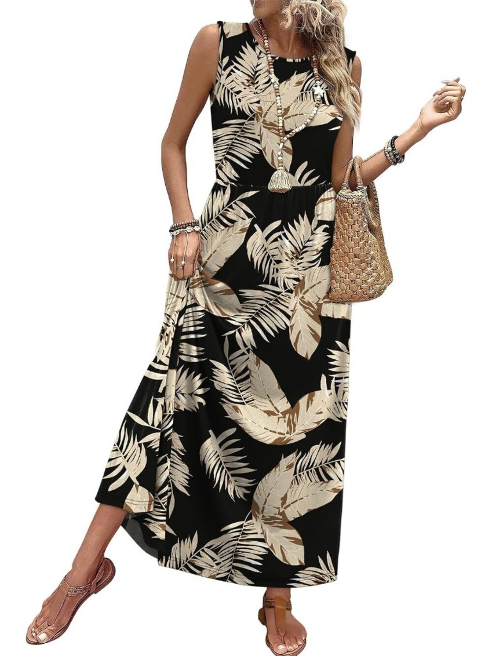 〽️Womens Black Beige Tropical Leaf Summer Maxi Dress Sleeveless Crew Neck